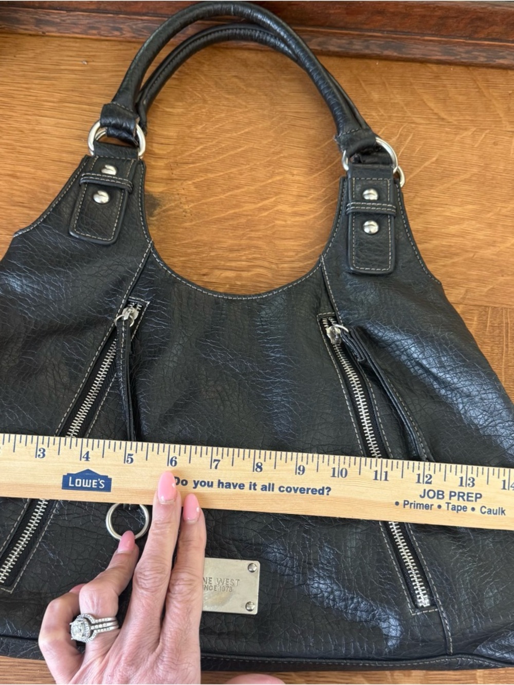 Nine West Black Faux Leather Handbag Zip Details Moto Biker Design - Picture 9 of 10